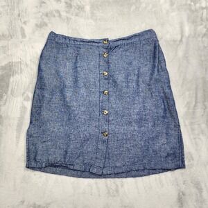 Dā-sh Skirt Womens 1X Blue Chambray Linen Blend Button Front Elastic Waist Lined